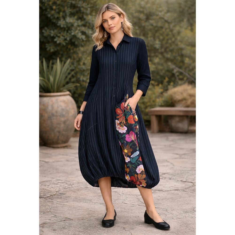 Alembika Navy Pinstripe Bubble Hem Midi Dress Artsy Floral Panel Size 2